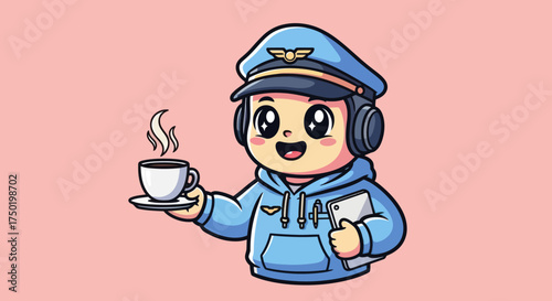 Cartoon pilot holding coffee and tablet