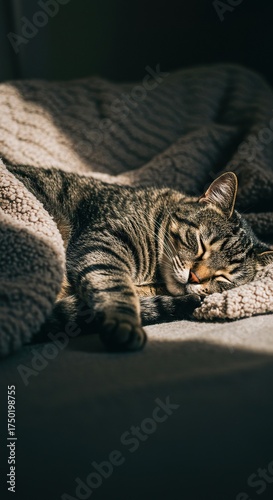 A fluffy tabby cat is deeply asleep, curled up on a cozy, warm blanket in a sunlit room, completely relaxed and peaceful during a quiet rest ,mammal ,comfortable ,pet