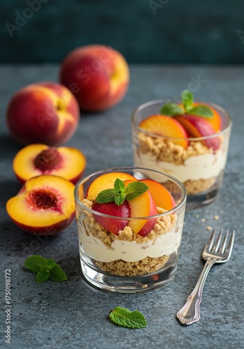 A delightful, refreshing dessert featuring sweet, ripe peaches, perhaps a tart or crumble, artfully arranged for a summer indulgence ,delicious ,food ,brown sugar