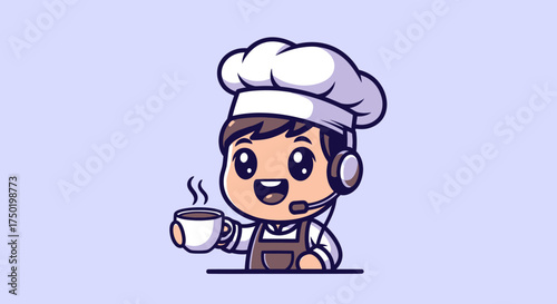 Cartoon chef wearing a headset holding a cup of coffee
