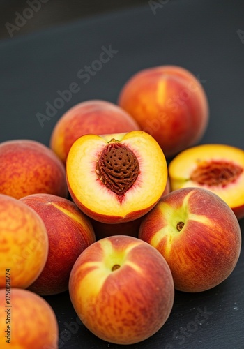 Fresh, ripe peaches arranged artfully, symbolizing sweetness, growth, and the vibrant essence of youth. Captures a delightful summer mood ,season ,dessert ,background