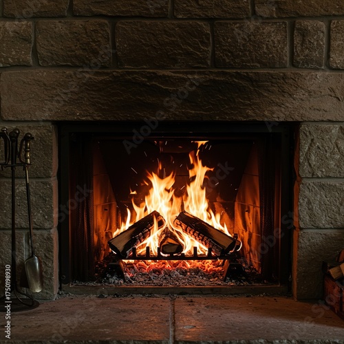Gentle flames dance in a stone hearth, casting a soft, comforting light across a quiet room, embodying serene domestic tranquility ,brick ,domestic ,solitude