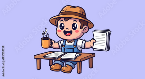 Cartoon farmer with coffee & documents