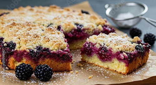Delicious blackberry crumble baked to perfection, dusted with powdered sugar, showcasing rich purple fruit and golden crust beautifully ,snack ,blackberry ,crumble