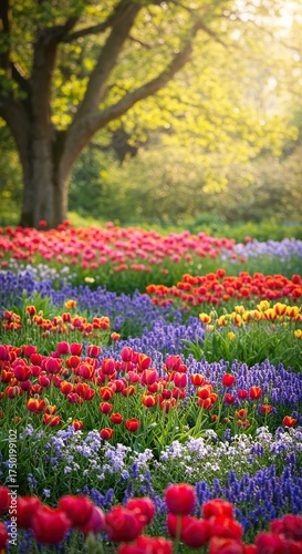 A tranquil and picturesque garden overflowing with a colorful array of blooming flowers under soft sunlight, creating a peaceful natural sanctuary ,green ,flower ,idyllic