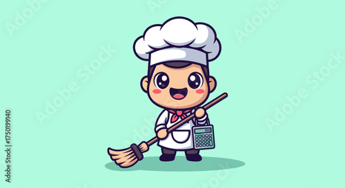Cartoon chef holding broom and calculator