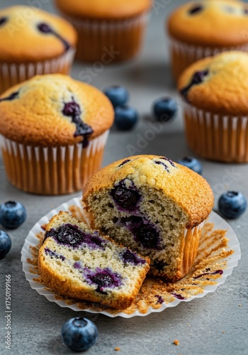 Delicious homemade blueberry muffins with a golden-brown top, bursting with juicy blueberries, perfect for breakfast or a sweet treat ,studio shot ,dessert ,organic