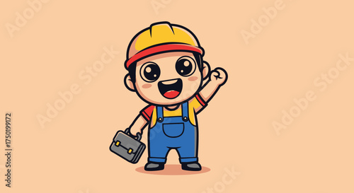 Cartoon worker waving with tools