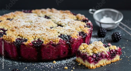 Delicious blackberry crumble baked to perfection, dusted with powdered sugar, showcasing rich purple fruit and golden crust beautifully ,berry ,vibrant ,scrumptious