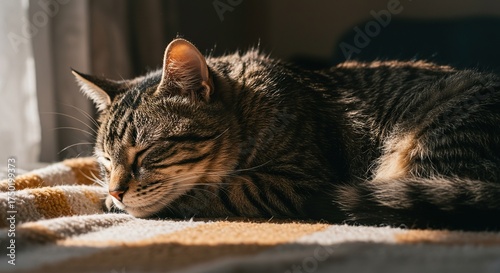 A fluffy domestic cat enjoys a deep, peaceful nap on a soft, sun-warmed blanket, embodying ultimate comfort and serenity ,relaxation ,stretching ,feline