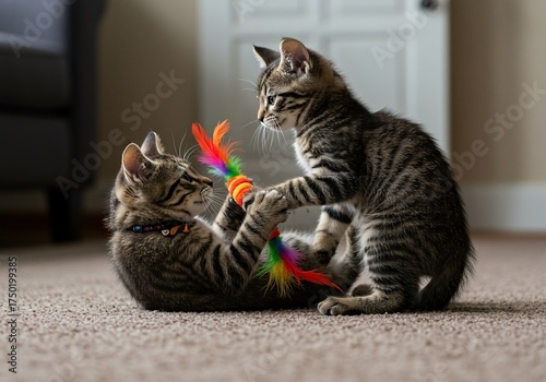 Two energetic kittens joyfully pouncing and wrestling with a colorful toy on a soft carpet, showcasing playful antics and feline agility ,pet ,domestic ,fun