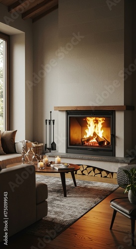 A tranquil scene unfolds around a warm, glowing fireplace, offering ultimate comfort and serene domestic bliss ,glow ,blissful ,fire
