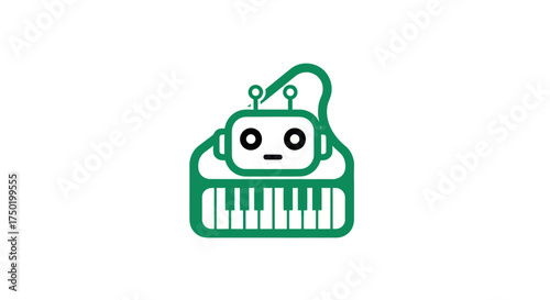 Green robotic head placed on piano keys graphic symbol