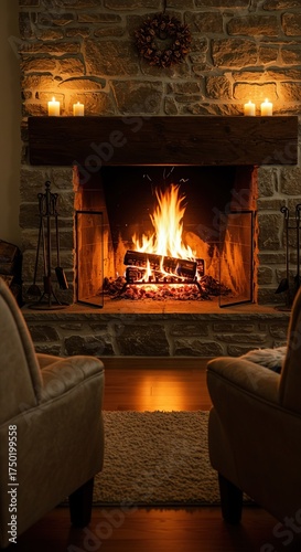 A tranquil scene capturing the essence of enduring warmth and profound connection, emanating from a crackling fireplace within a cozy home setting ,enduring ,embers ,cozy