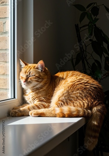 A fluffy ginger tabby cat is blissfully napping on a sun-drenched window sill, enjoying a tranquil afternoon siesta ,window sill ,sunbath ,domestic