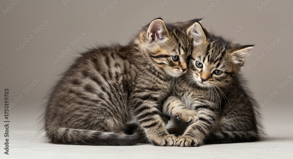 Fototapeta premium Two fluffy kittens share a sweet, slightly clumsy embrace, showcasing heartwarming affection and playful antics. Absolutely adorable ,joy ,delightful ,playful