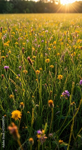 Vibrant meadow of wild grasses intermingled with colorful wildflowers under warm sunlight, creating a serene natural carpet ,outdoor ,botanical ,detail