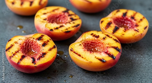 Sweet, juicy peach halves perfectly grilled, showcasing beautiful caramelization and smoky char marks, ideal for a summer treat ,plate ,fresh ,dish