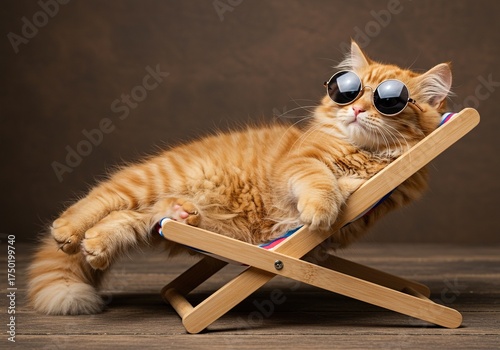 A fluffy ginger cat sprawled dramatically on a miniature sun lounger, wearing tiny sunglasses and looking blissfully goofy ,comfortable ,unwinding ,vacation