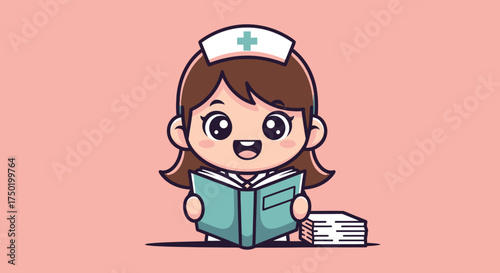 Cartoon-style nurse reading book with papers on pink background