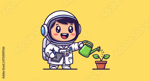 Cheerful cartoon astronaut watering a potted plant