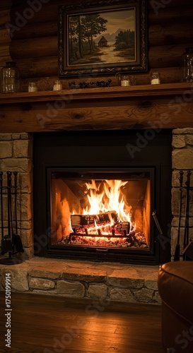 A cozy, inviting fireplace with a crackling fire, radiating warmth and comfort in a rustic setting, embodying the heart of a home ,mantel ,fire ,indoor