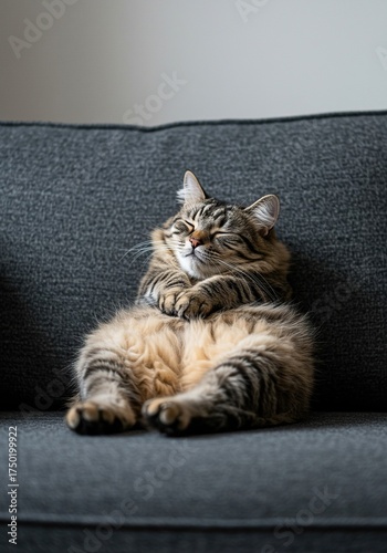 An adorable fluffy cat deeply asleep on a cozy sofa, paws akimbo in a truly comical, serene slumber. Humorous and utterly relaxed ,nap ,comical ,sleepy