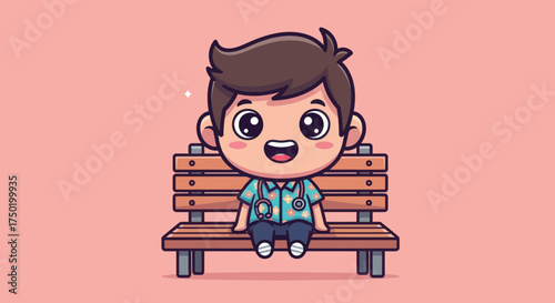 Cartoon doctor smiling while sitting on a wooden park bench