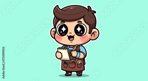 Cartoon artist, apron with tools, smiling, holding notepad and pencil, against a teal background