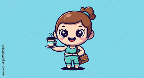 Cute cartoon girl holds coffee, wears sportswear and has a satchel bag