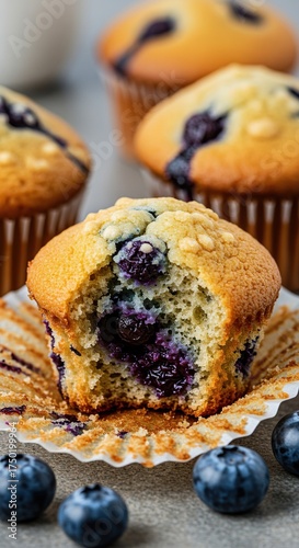 A close-up of fluffy blueberry muffins featuring a delightful golden crust and bursts of sweet, ripe blueberries, inviting a delicious bite ,studio shot ,treat ,comfort food