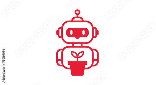 A red line art icon depicting a robot holding a potted plant