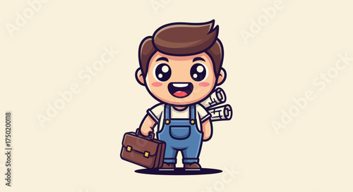 Cartoon character holds briefcase and blueprints