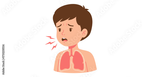 Young boy experiencing painful cough and respiratory issues, highlighting the importance of healthcare and awareness of childhood illnesses in a simple design