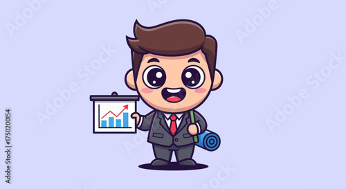 Cartoon businessman holds growth chart and yoga mat against pastel background