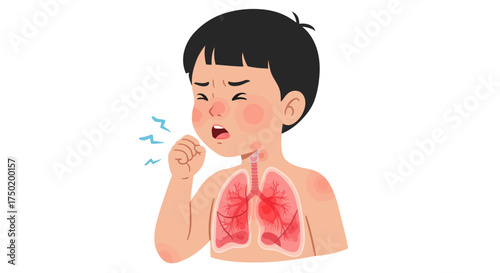 Worried child coughing with visible lungs, illustrating respiratory illness symptoms for educational or medical content, highlighting childhood health concerns