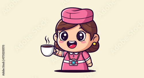 Cartoon girl in pink uniform, camera, drinking coffee