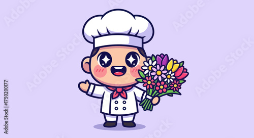 Cartoon chef smiles, waves, & holds colorful bouquet against lilac