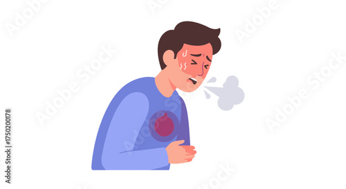 Man feeling sick, experiencing chest pain and coughing, health concept for medical resources, healthcare illustrations, sickness representations, wellbeing visuals