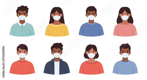 Diverse group wearing protective face masks for health, safety, or medical purposes, showing community wellness and modern health awareness during a pandemic