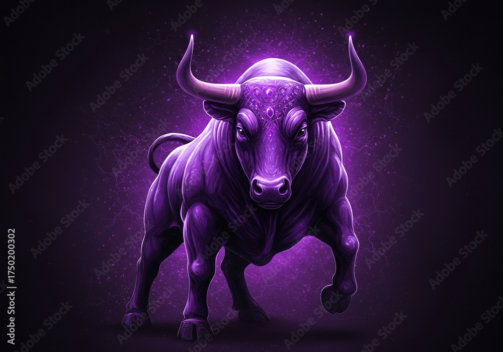 Obraz premium Powerful purple bull art, embodying leadership, luxury, and determination with a mystical, bold presence ,ambition ,purple ,charge