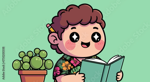 Cartoon character reading a book next to a potted plant on light green