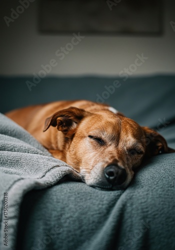 A contented dog peacefully napping on a soft blanket, showcasing a moment of tranquil repose and deep, calm slumber ,indoor shot ,blissful ,quiet