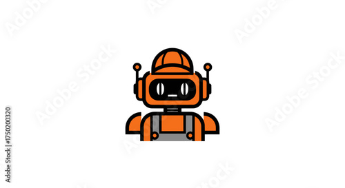 Orange robot wearing overalls and hardhat on white background