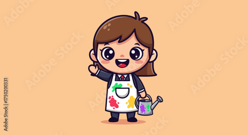 Cartoon girl with a paint-splattered apron waves, holding a watering can