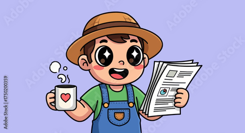 Cartoon farmer reads newspaper, holds steaming coffee on a lavender background
