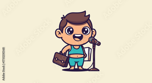 Cartoon of child with briefcase, microphone, and papers