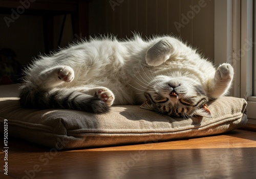 A fluffy cat is completely sprawled out, hilariously upside down and deeply asleep on a soft, sunlit cushion, radiating pure contentment ,cute ,pet photography ,contentment