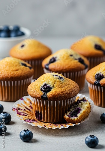 Delicious homemade blueberry muffins with a golden-brown top, bursting with juicy blueberries, perfect for breakfast or a sweet treat ,fresh ,warm ,traditional