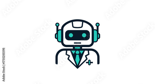 Robot in a lab coat with turquoise accents